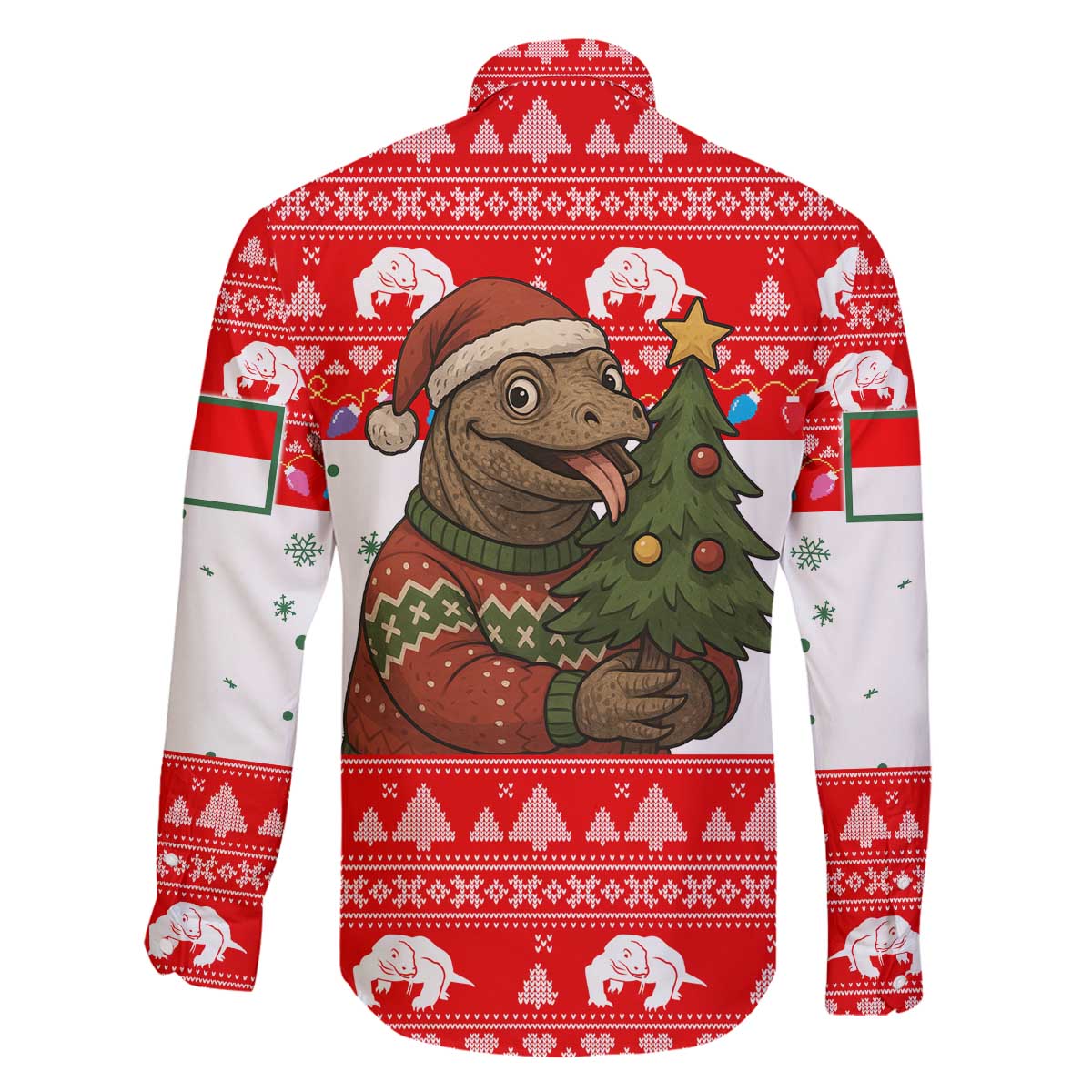 Indonesia Christmas Family Matching Off The Shoulder Long Sleeve Dress and Hawaiian Shirt with Komodo Dragon Santa Hat Christmas Tree and Red White Holiday - Wonder Print Shop