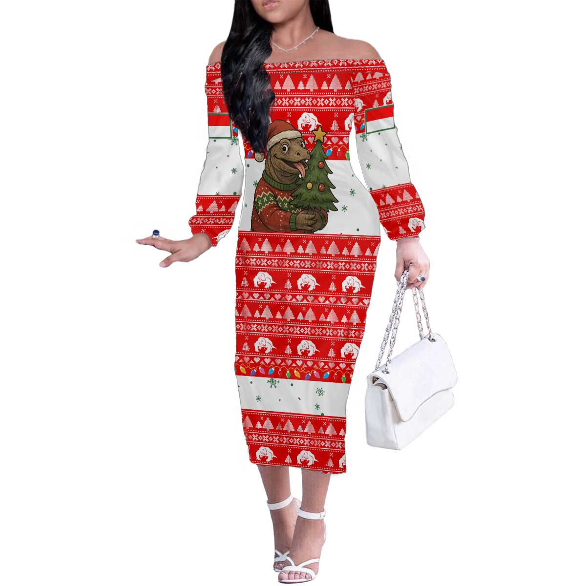 Indonesia Christmas Family Matching Off The Shoulder Long Sleeve Dress and Hawaiian Shirt with Komodo Dragon Santa Hat Christmas Tree and Red White Holiday - Wonder Print Shop