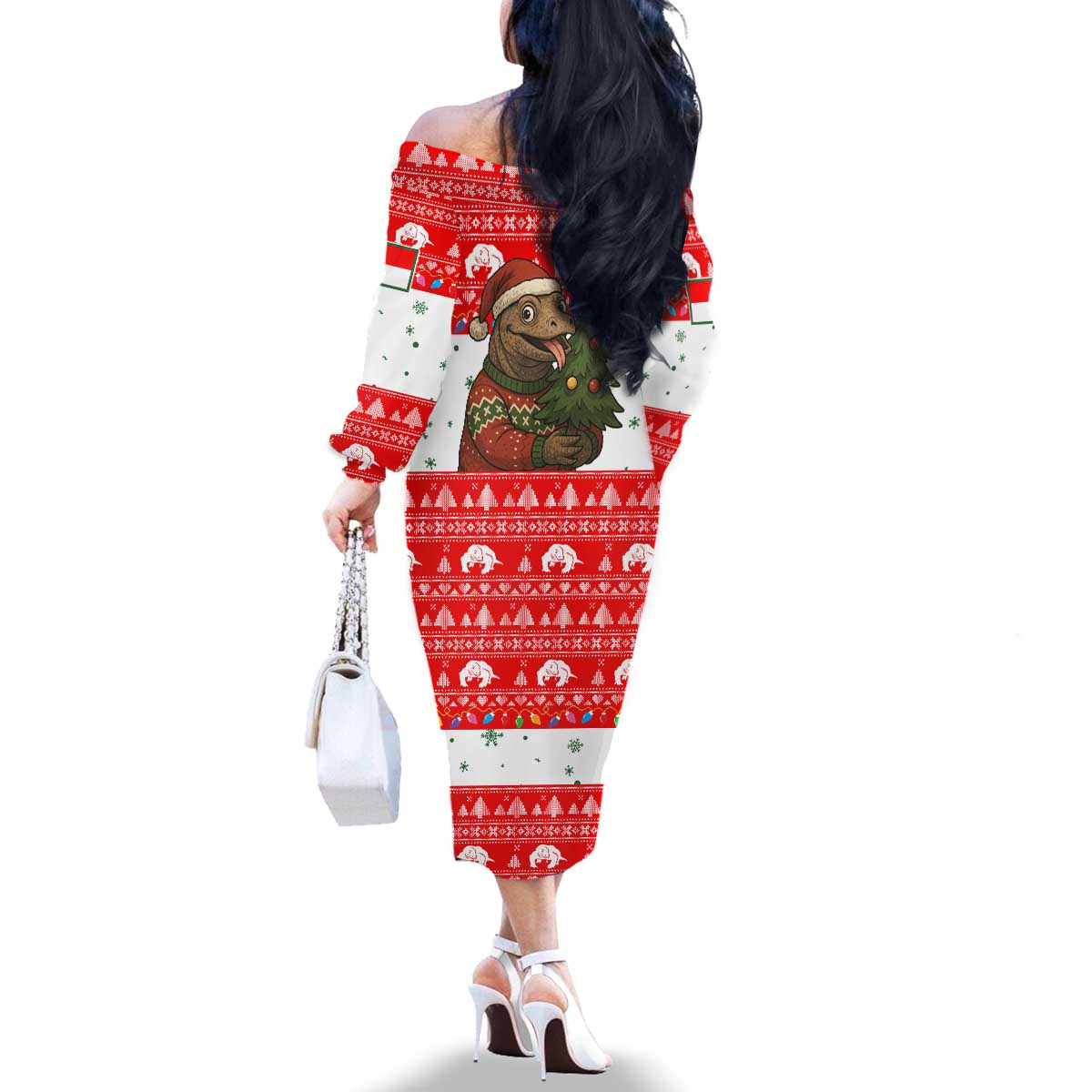 Indonesia Christmas Family Matching Off The Shoulder Long Sleeve Dress and Hawaiian Shirt with Komodo Dragon Santa Hat Christmas Tree and Red White Holiday - Wonder Print Shop
