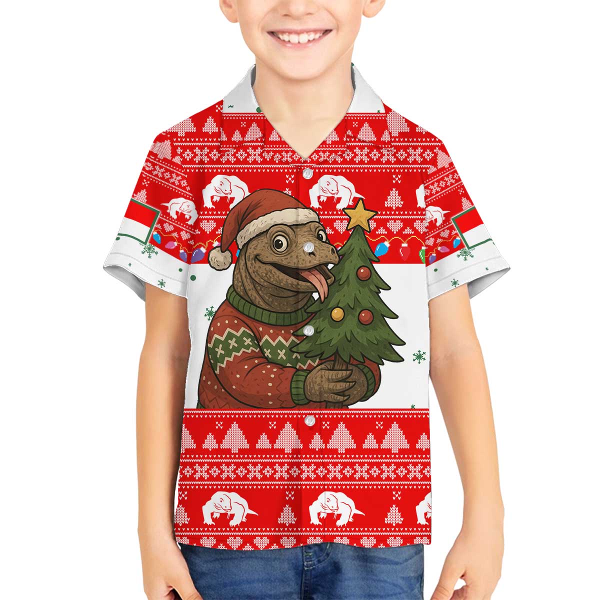 Indonesia Christmas Family Matching Off The Shoulder Long Sleeve Dress and Hawaiian Shirt with Komodo Dragon Santa Hat Christmas Tree and Red White Holiday - Wonder Print Shop