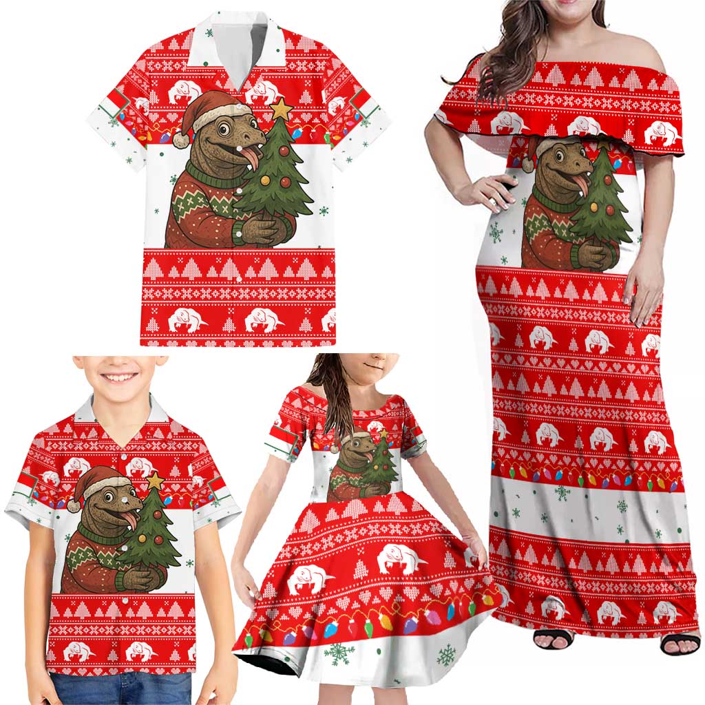 Indonesia Christmas Family Matching Off Shoulder Maxi Dress and Hawaiian Shirt with Komodo Dragon Santa Hat Christmas Tree and Red White Holiday - Wonder Print Shop