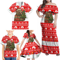 Indonesia Christmas Family Matching Off Shoulder Maxi Dress and Hawaiian Shirt with Komodo Dragon Santa Hat Christmas Tree and Red White Holiday - Wonder Print Shop