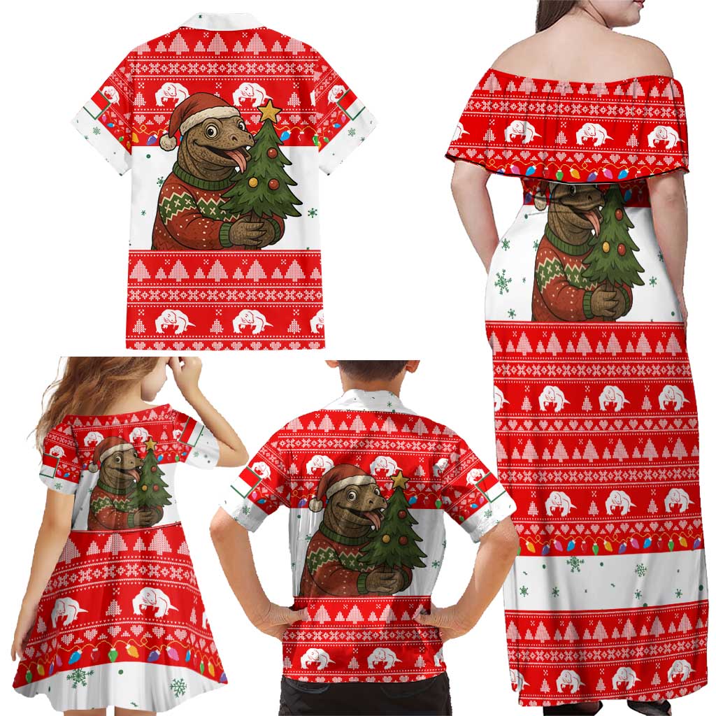Indonesia Christmas Family Matching Off Shoulder Maxi Dress and Hawaiian Shirt with Komodo Dragon Santa Hat Christmas Tree and Red White Holiday - Wonder Print Shop