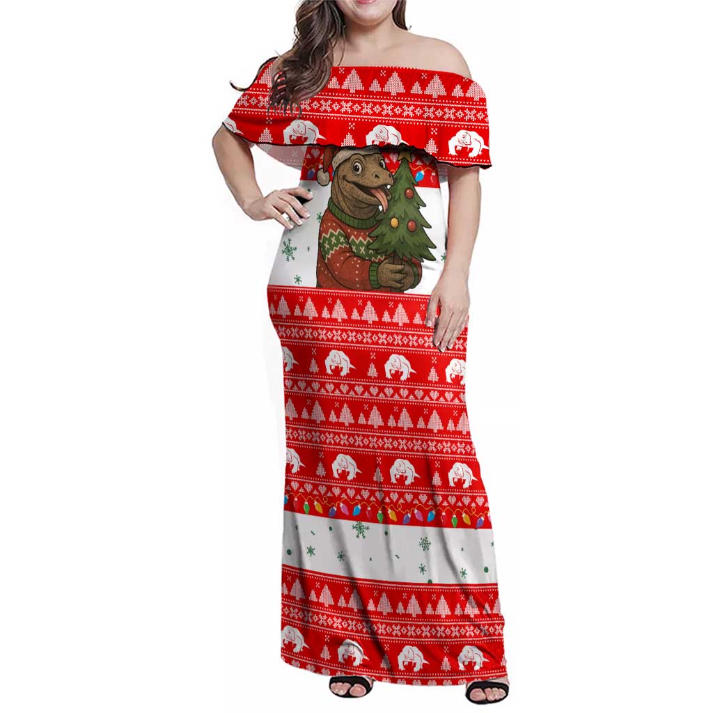 Indonesia Christmas Family Matching Off Shoulder Maxi Dress and Hawaiian Shirt with Komodo Dragon Santa Hat Christmas Tree and Red White Holiday - Wonder Print Shop