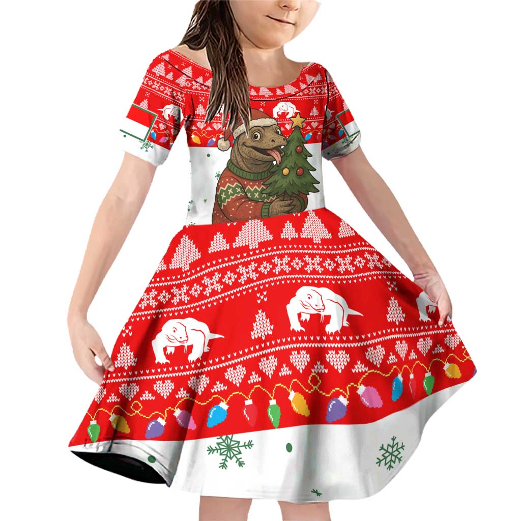 Indonesia Christmas Family Matching Off Shoulder Short Dress and Hawaiian Shirt with Komodo Dragon Santa Hat Christmas Tree and Red White Holiday - Wonder Print Shop