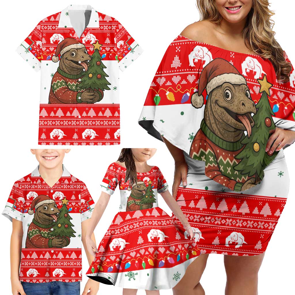 Indonesia Christmas Family Matching Off Shoulder Short Dress and Hawaiian Shirt with Komodo Dragon Santa Hat Christmas Tree and Red White Holiday - Wonder Print Shop