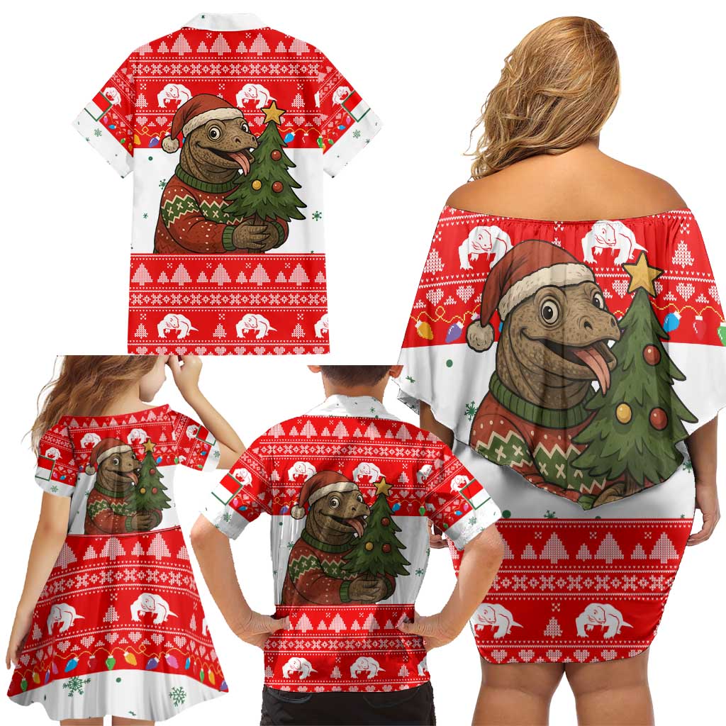 Indonesia Christmas Family Matching Off Shoulder Short Dress and Hawaiian Shirt with Komodo Dragon Santa Hat Christmas Tree and Red White Holiday - Wonder Print Shop