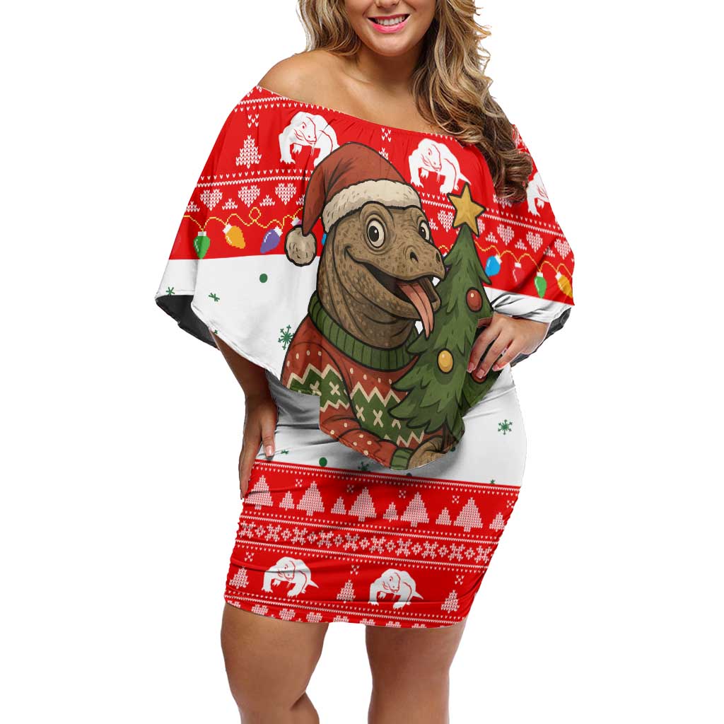 Indonesia Christmas Family Matching Off Shoulder Short Dress and Hawaiian Shirt with Komodo Dragon Santa Hat Christmas Tree and Red White Holiday - Wonder Print Shop