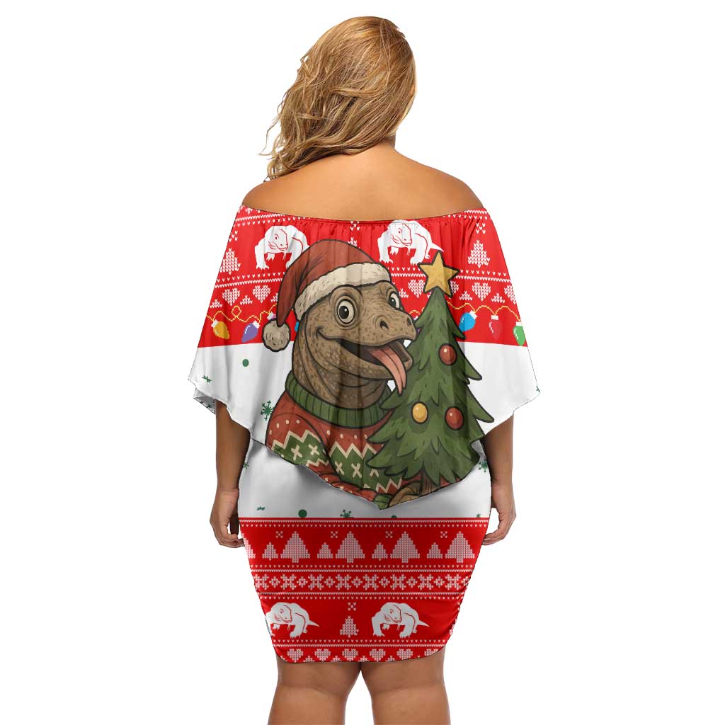 Indonesia Christmas Family Matching Off Shoulder Short Dress and Hawaiian Shirt with Komodo Dragon Santa Hat Christmas Tree and Red White Holiday - Wonder Print Shop