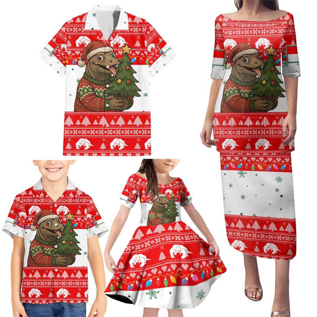 Indonesia Christmas Family Matching Puletasi and Hawaiian Shirt with Komodo Dragon Santa Hat Christmas Tree and Red White Holiday - Wonder Print Shop