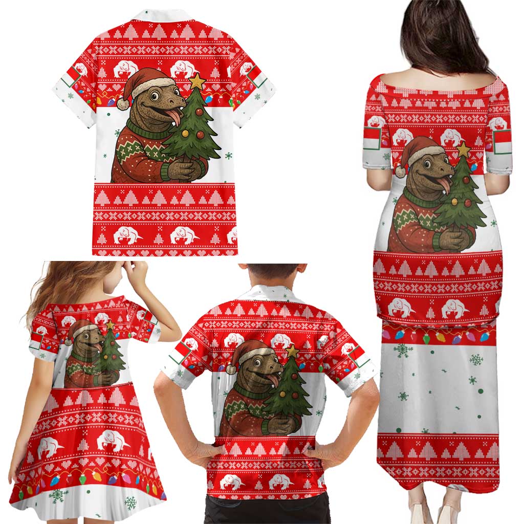 Indonesia Christmas Family Matching Puletasi and Hawaiian Shirt with Komodo Dragon Santa Hat Christmas Tree and Red White Holiday - Wonder Print Shop
