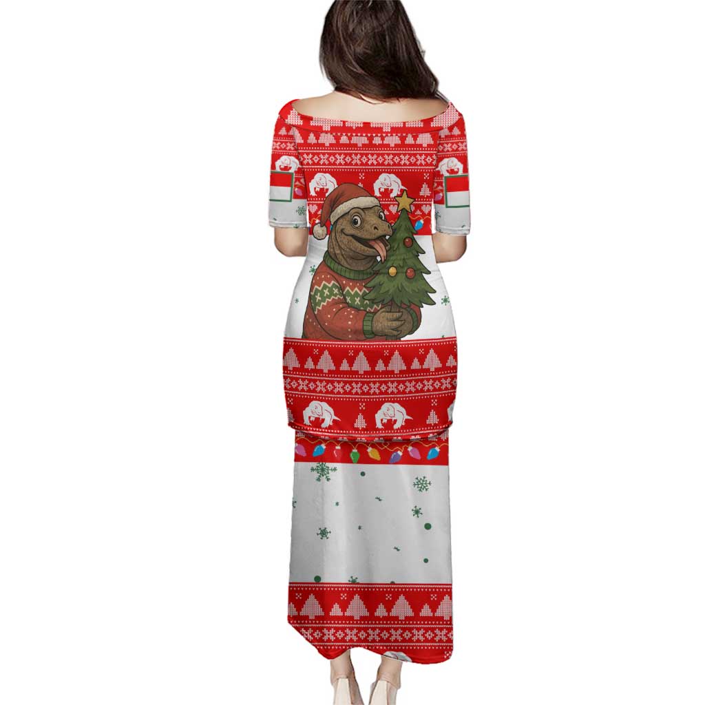 Indonesia Christmas Family Matching Puletasi and Hawaiian Shirt with Komodo Dragon Santa Hat Christmas Tree and Red White Holiday - Wonder Print Shop