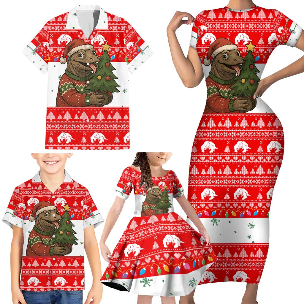 Indonesia Christmas Family Matching Short Sleeve Bodycon Dress and Hawaiian Shirt with Komodo Dragon Santa Hat Christmas Tree and Red White Holiday - Wonder Print Shop