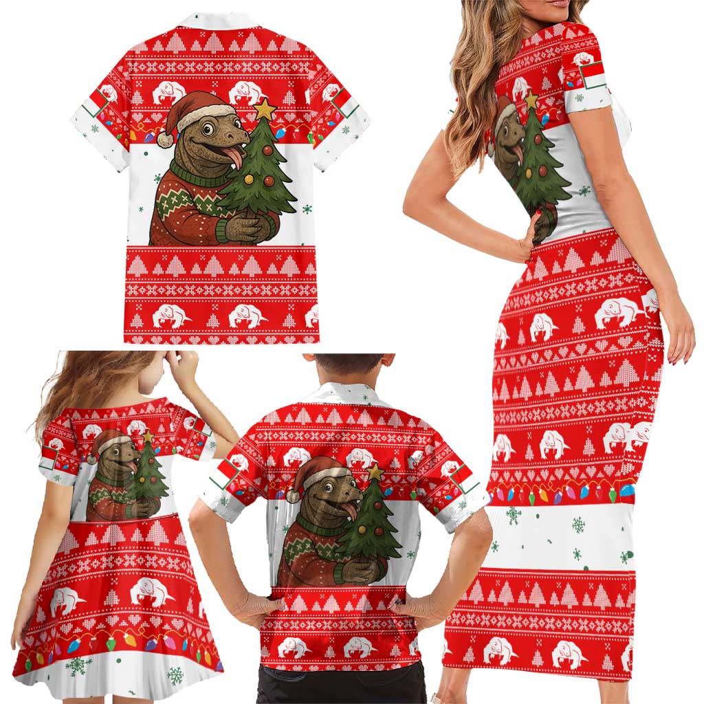 Indonesia Christmas Family Matching Short Sleeve Bodycon Dress and Hawaiian Shirt with Komodo Dragon Santa Hat Christmas Tree and Red White Holiday - Wonder Print Shop