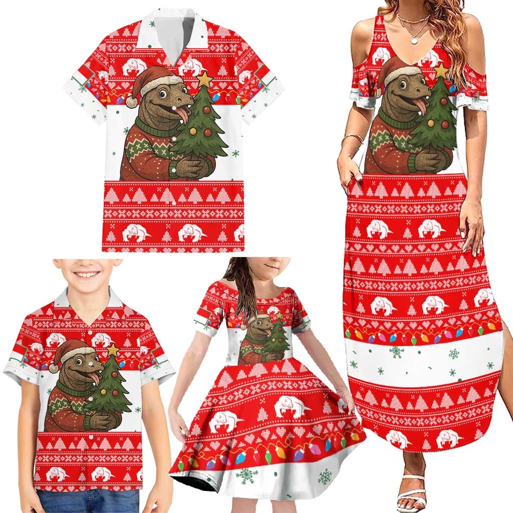 Indonesia Christmas Family Matching Summer Maxi Dress and Hawaiian Shirt with Komodo Dragon Santa Hat Christmas Tree and Red White Holiday - Wonder Print Shop
