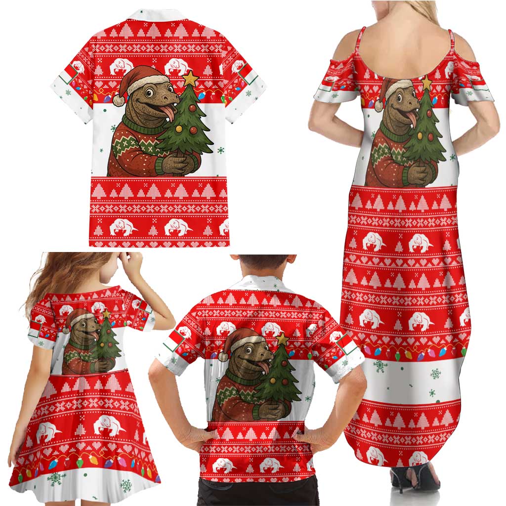 Indonesia Christmas Family Matching Summer Maxi Dress and Hawaiian Shirt with Komodo Dragon Santa Hat Christmas Tree and Red White Holiday - Wonder Print Shop