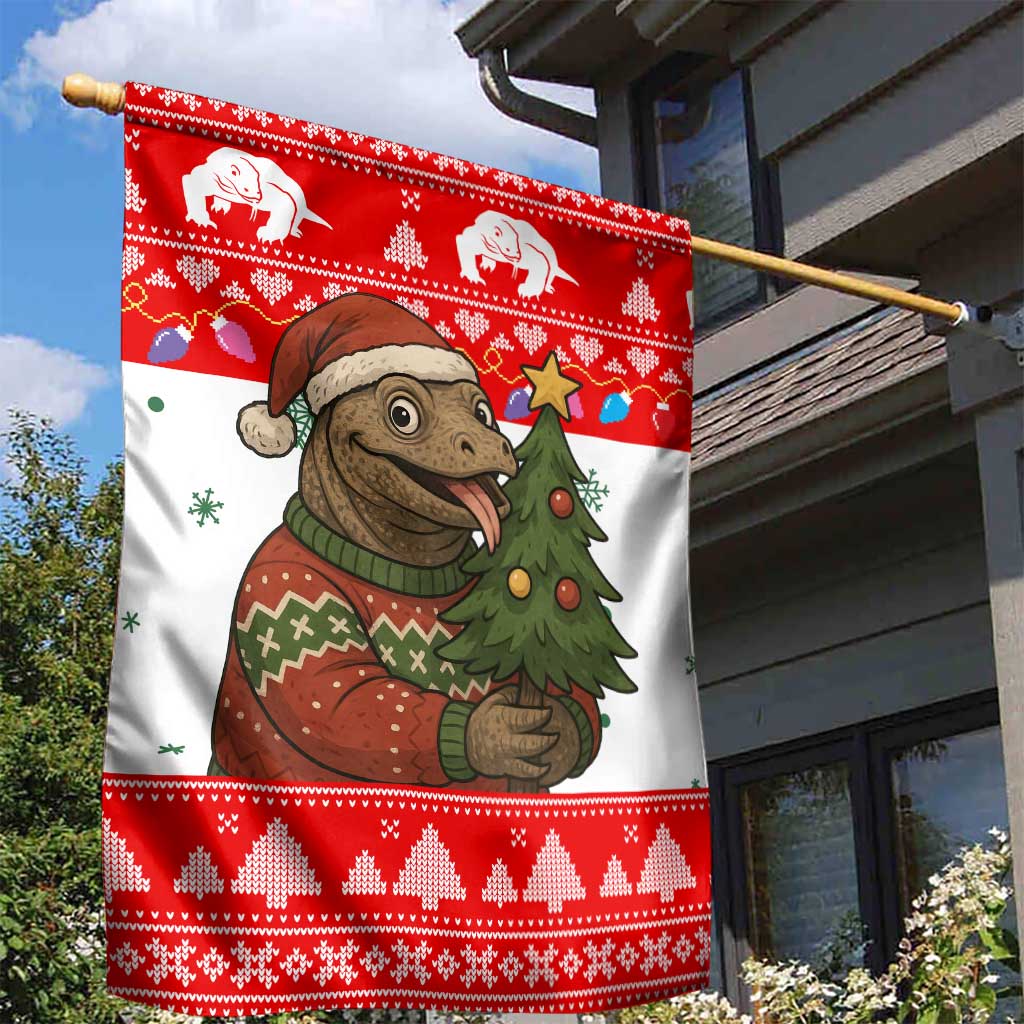 Indonesia Christmas Garden Flag with Komodo Dragon Santa Hat Christmas Tree and Red White Holiday - Wonder Print Shop