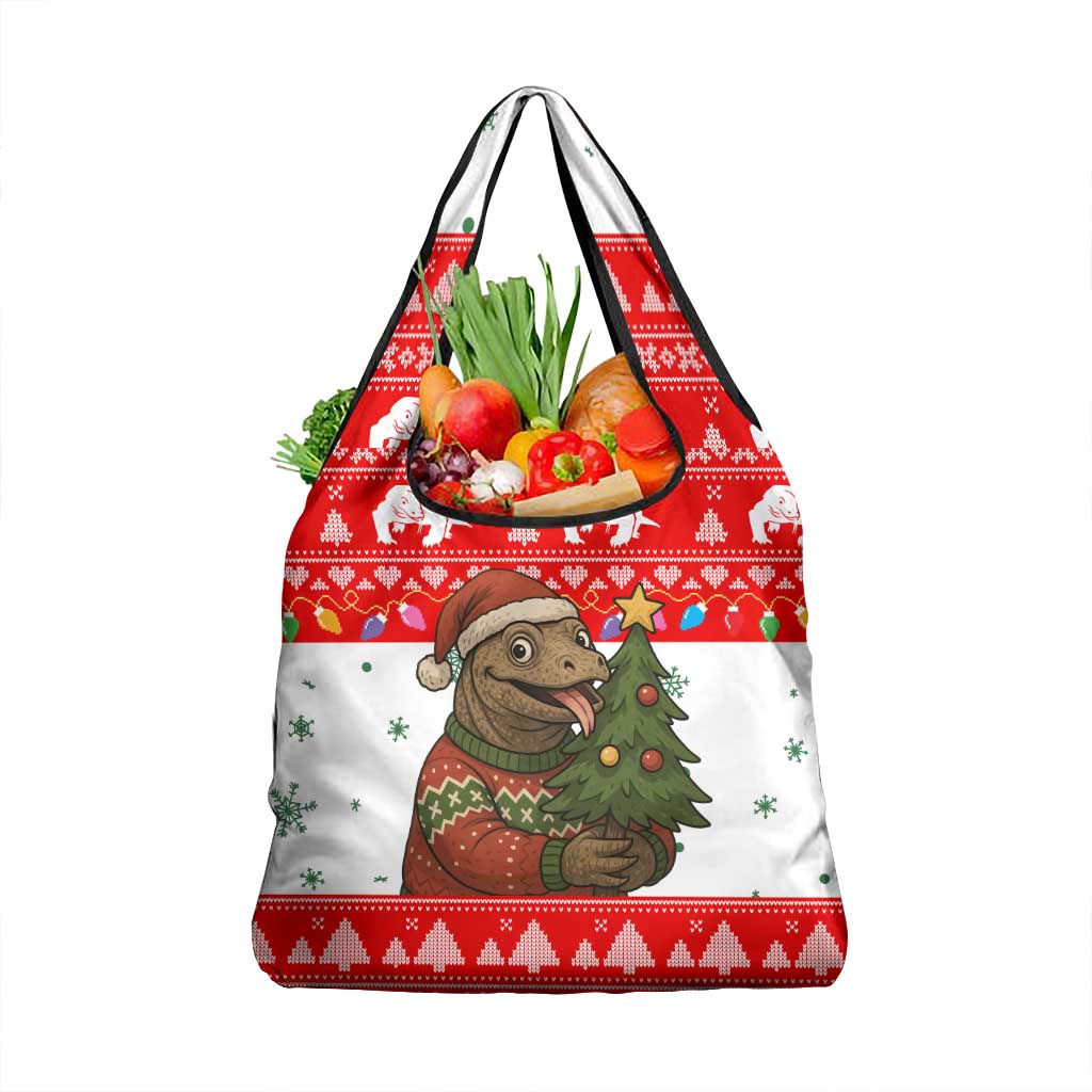 Indonesia Christmas Grocery Bag with Komodo Dragon Santa Hat Christmas Tree and Red White Holiday - Wonder Print Shop