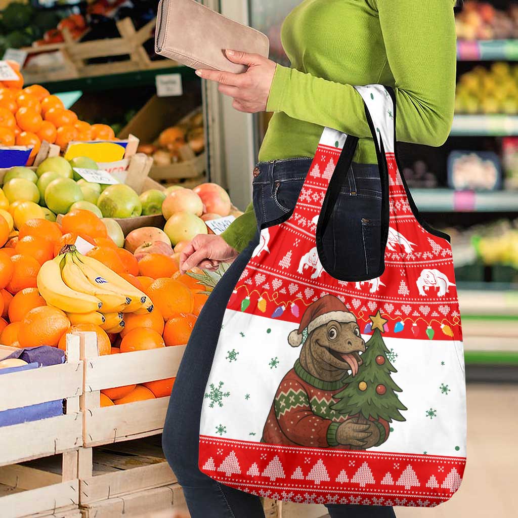 Indonesia Christmas Grocery Bag with Komodo Dragon Santa Hat Christmas Tree and Red White Holiday - Wonder Print Shop