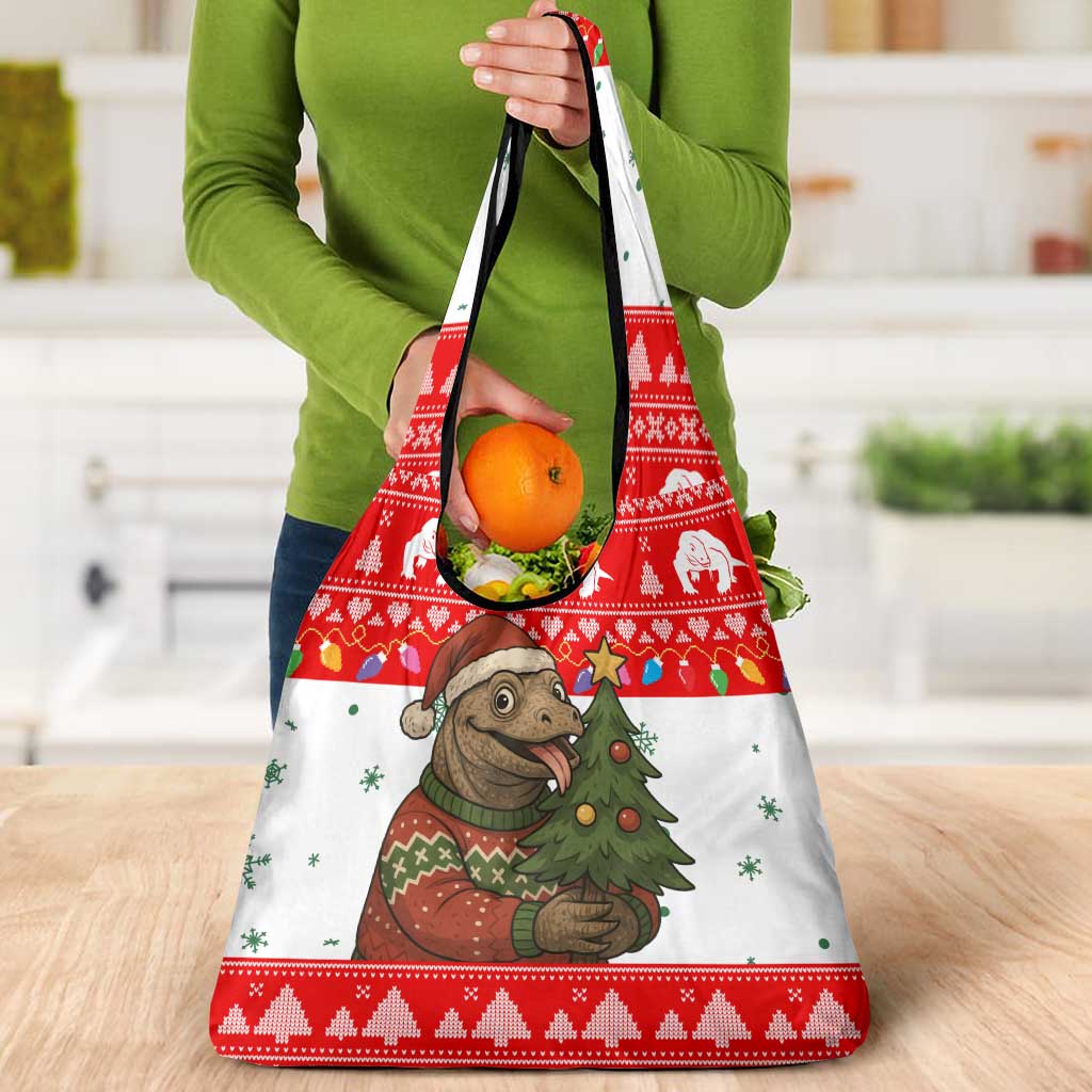 Indonesia Christmas Grocery Bag with Komodo Dragon Santa Hat Christmas Tree and Red White Holiday - Wonder Print Shop