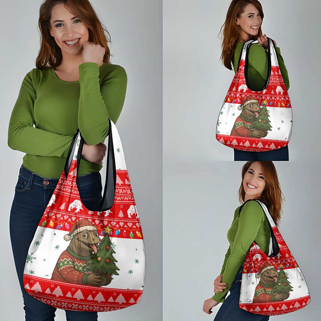 Indonesia Christmas Grocery Bag with Komodo Dragon Santa Hat Christmas Tree and Red White Holiday - Wonder Print Shop