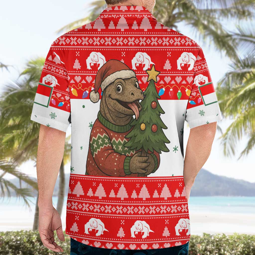 Indonesia Christmas Hawaiian Shirt with Komodo Dragon Santa Hat Christmas Tree and Red White Holiday - Wonder Print Shop
