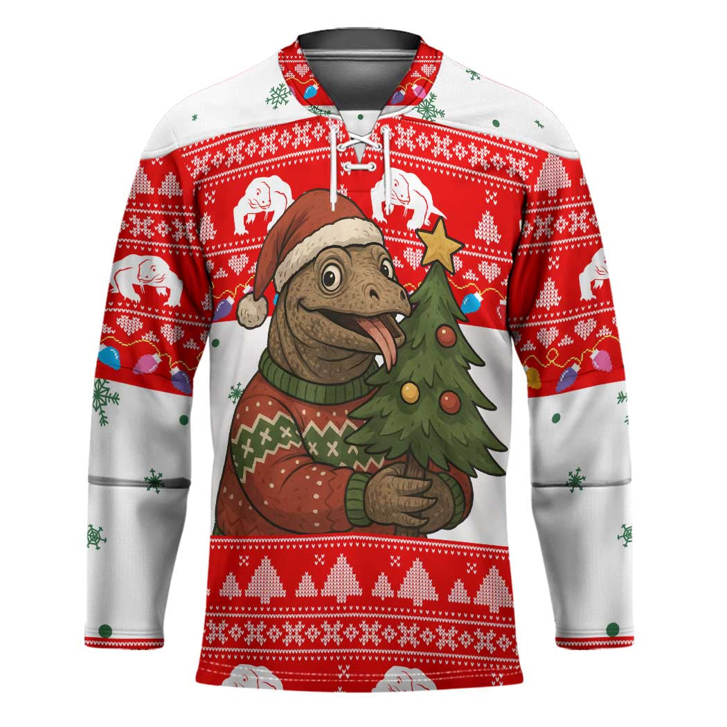 Indonesia Christmas Hockey Jersey with Komodo Dragon Santa Hat Christmas Tree and Red White Holiday - Wonder Print Shop