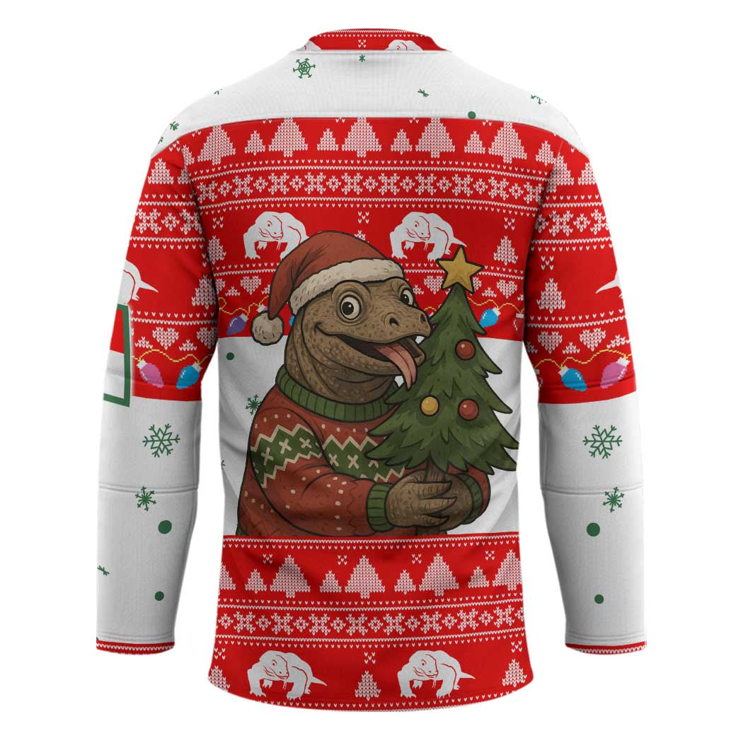 Indonesia Christmas Hockey Jersey with Komodo Dragon Santa Hat Christmas Tree and Red White Holiday - Wonder Print Shop