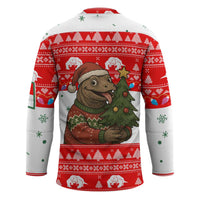 Indonesia Christmas Hockey Jersey with Komodo Dragon Santa Hat Christmas Tree and Red White Holiday - Wonder Print Shop