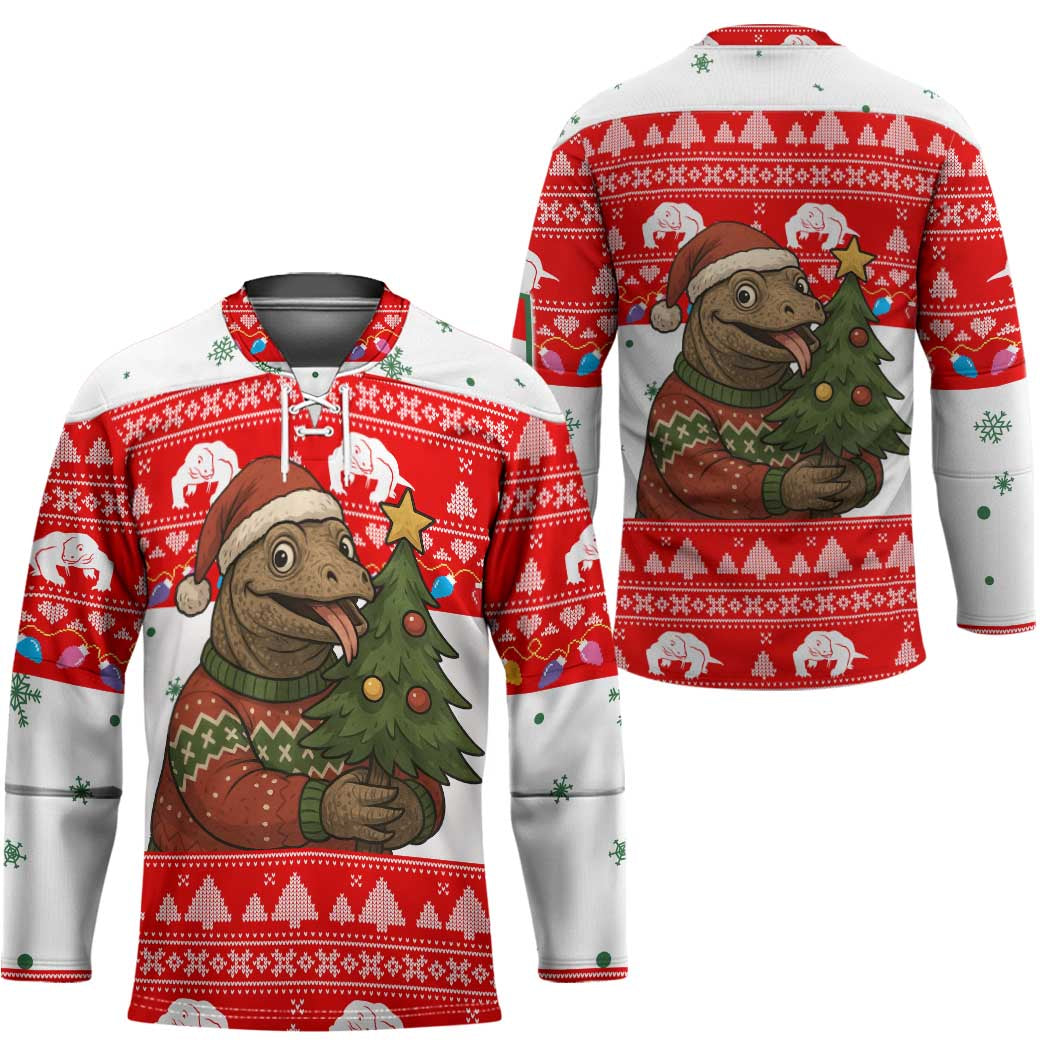 Indonesia Christmas Hockey Jersey with Komodo Dragon Santa Hat Christmas Tree and Red White Holiday - Wonder Print Shop
