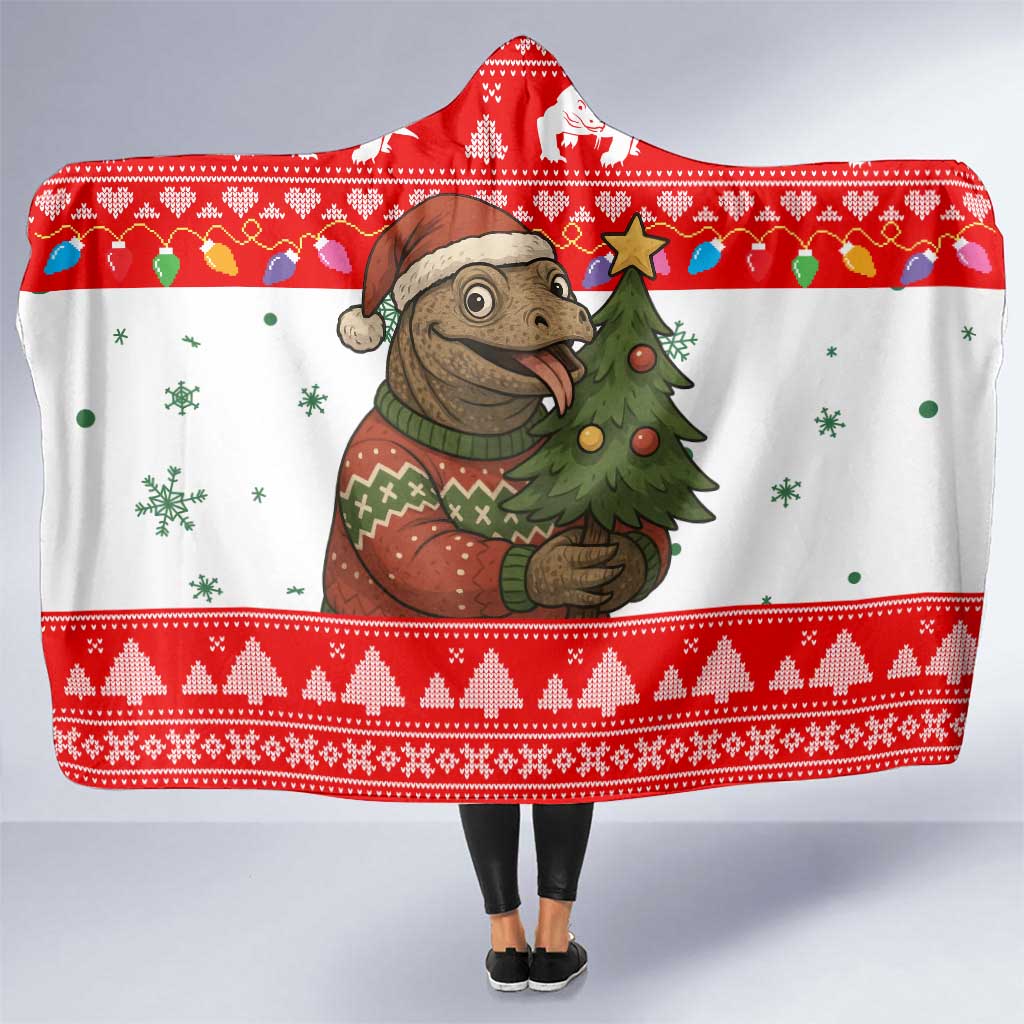 Indonesia Christmas Hooded Blanket with Komodo Dragon Santa Hat Christmas Tree and Red White Holiday - Wonder Print Shop