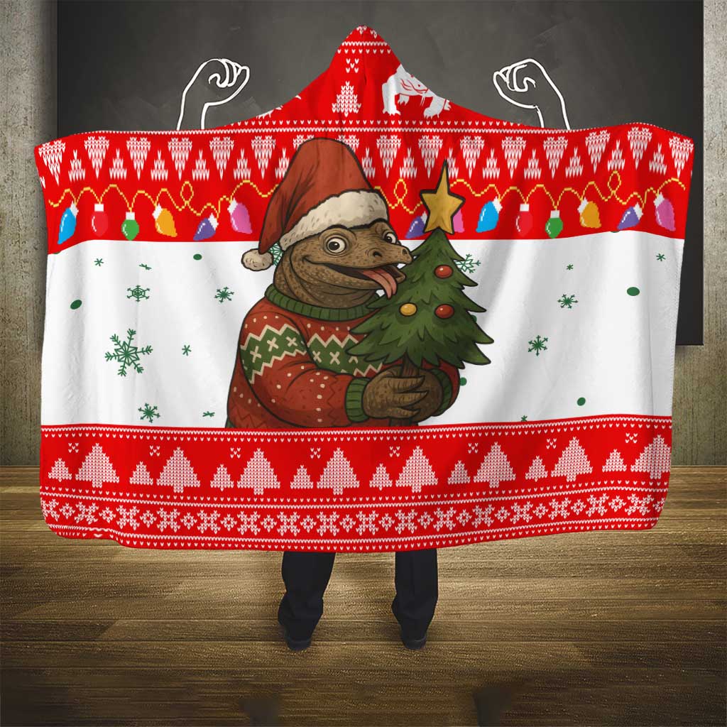 Indonesia Christmas Hooded Blanket with Komodo Dragon Santa Hat Christmas Tree and Red White Holiday - Wonder Print Shop