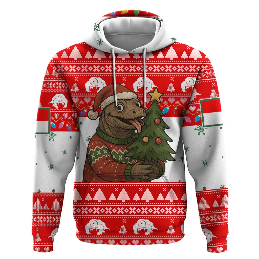 Indonesia Christmas Hoodie with Komodo Dragon Santa Hat Christmas Tree and Red White Holiday - Wonder Print Shop