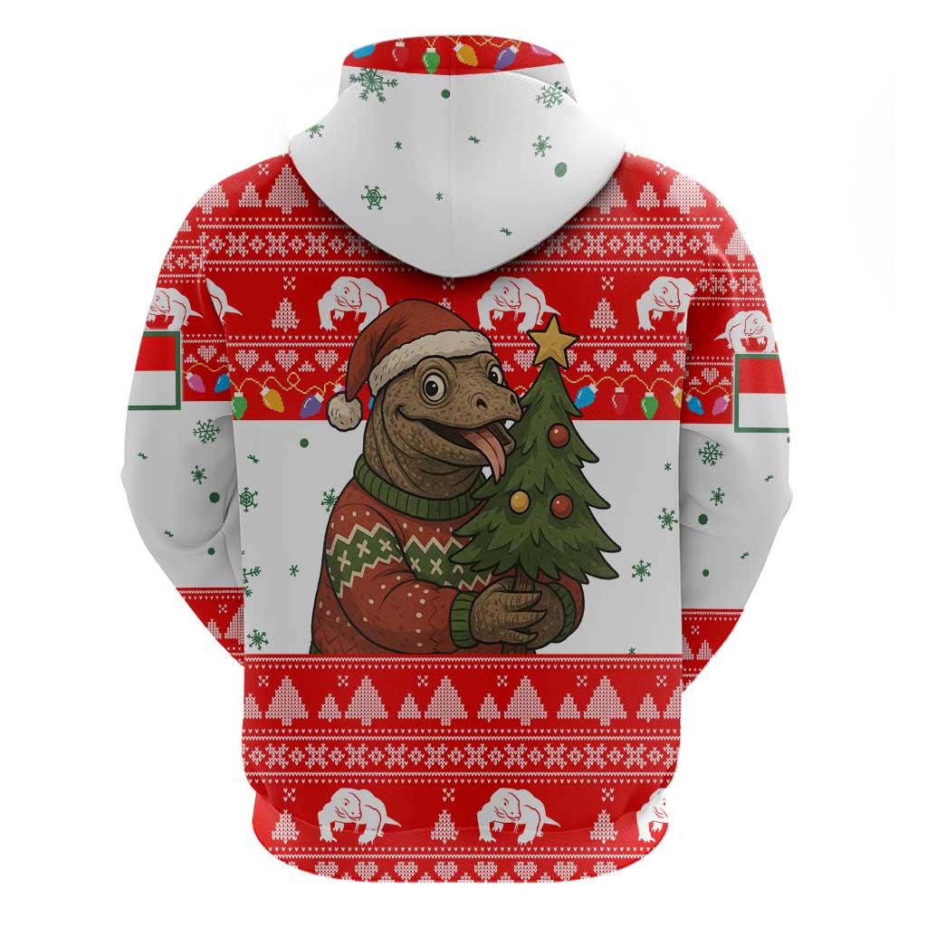 Indonesia Christmas Hoodie with Komodo Dragon Santa Hat Christmas Tree and Red White Holiday - Wonder Print Shop