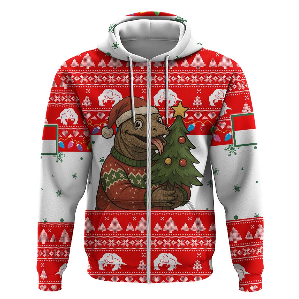 Indonesia Christmas Hoodie with Komodo Dragon Santa Hat Christmas Tree and Red White Holiday - Wonder Print Shop