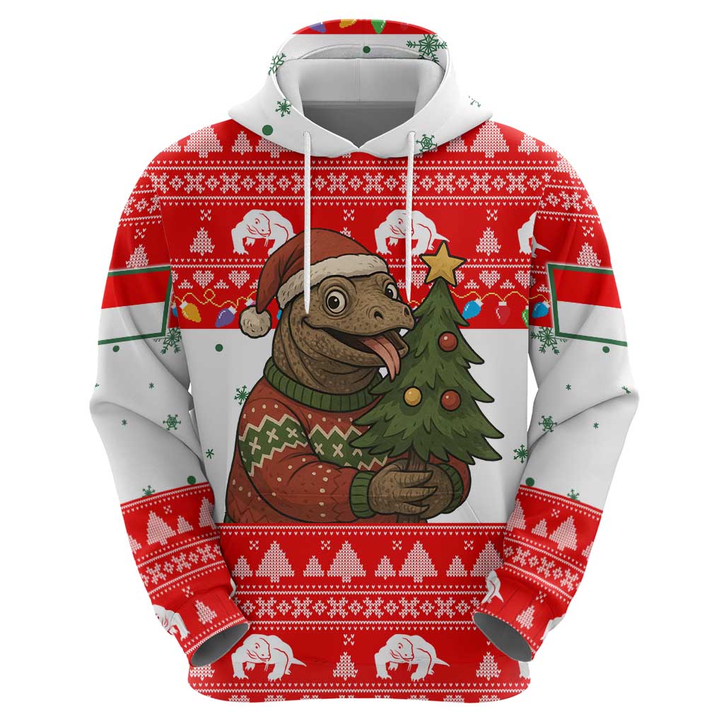 Indonesia Christmas Hoodie with Komodo Dragon Santa Hat Christmas Tree and Red White Holiday - Wonder Print Shop