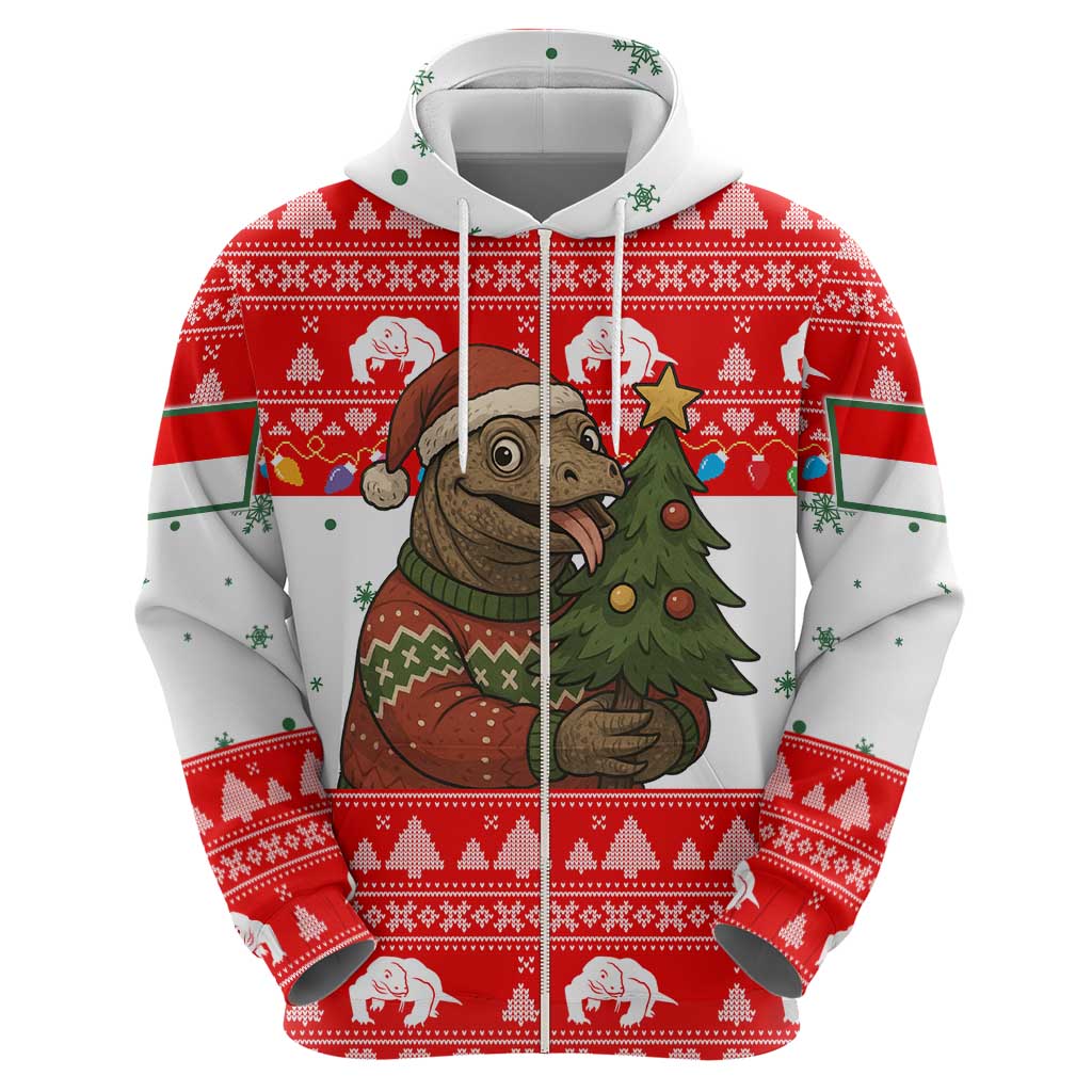 Indonesia Christmas Hoodie with Komodo Dragon Santa Hat Christmas Tree and Red White Holiday - Wonder Print Shop