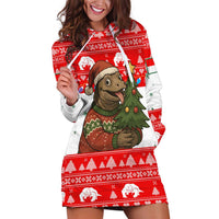Indonesia Christmas Hoodie Dress with Komodo Dragon Santa Hat Christmas Tree and Red White Holiday - Wonder Print Shop