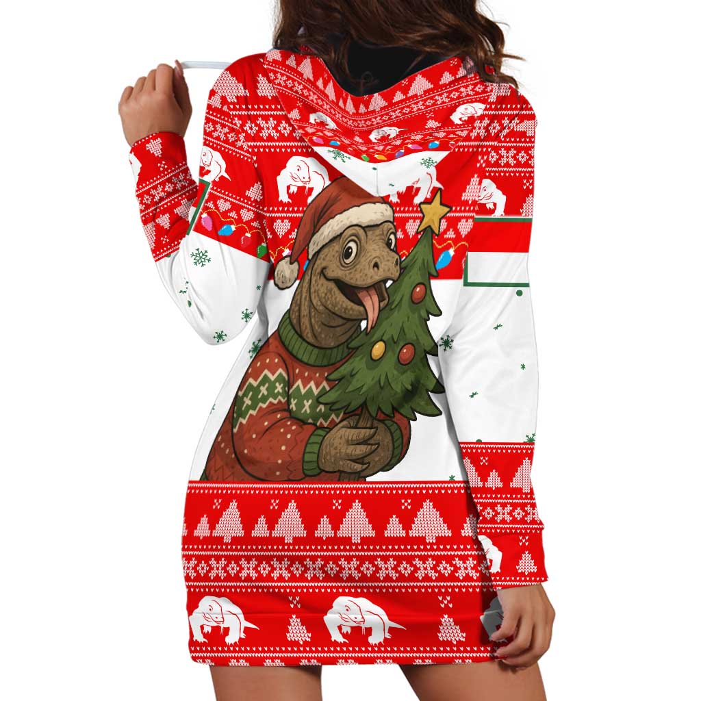 Indonesia Christmas Hoodie Dress with Komodo Dragon Santa Hat Christmas Tree and Red White Holiday - Wonder Print Shop