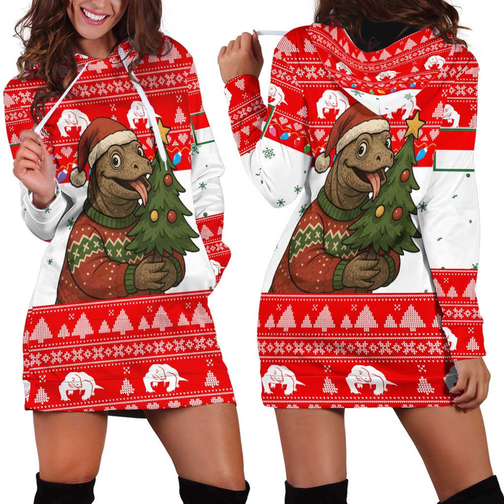 Indonesia Christmas Hoodie Dress with Komodo Dragon Santa Hat Christmas Tree and Red White Holiday - Wonder Print Shop