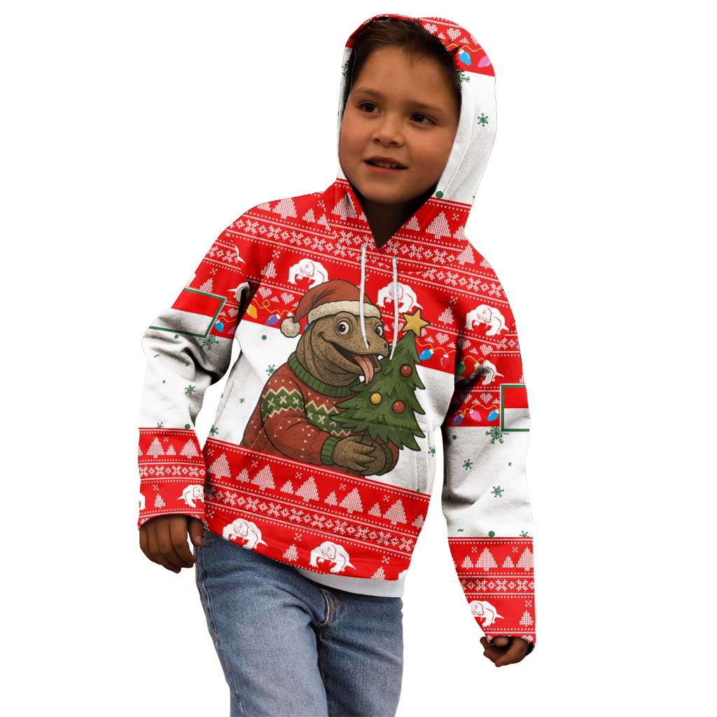 Indonesia Christmas Kid Hoodie with Komodo Dragon Santa Hat Christmas Tree and Red White Holiday - Wonder Print Shop