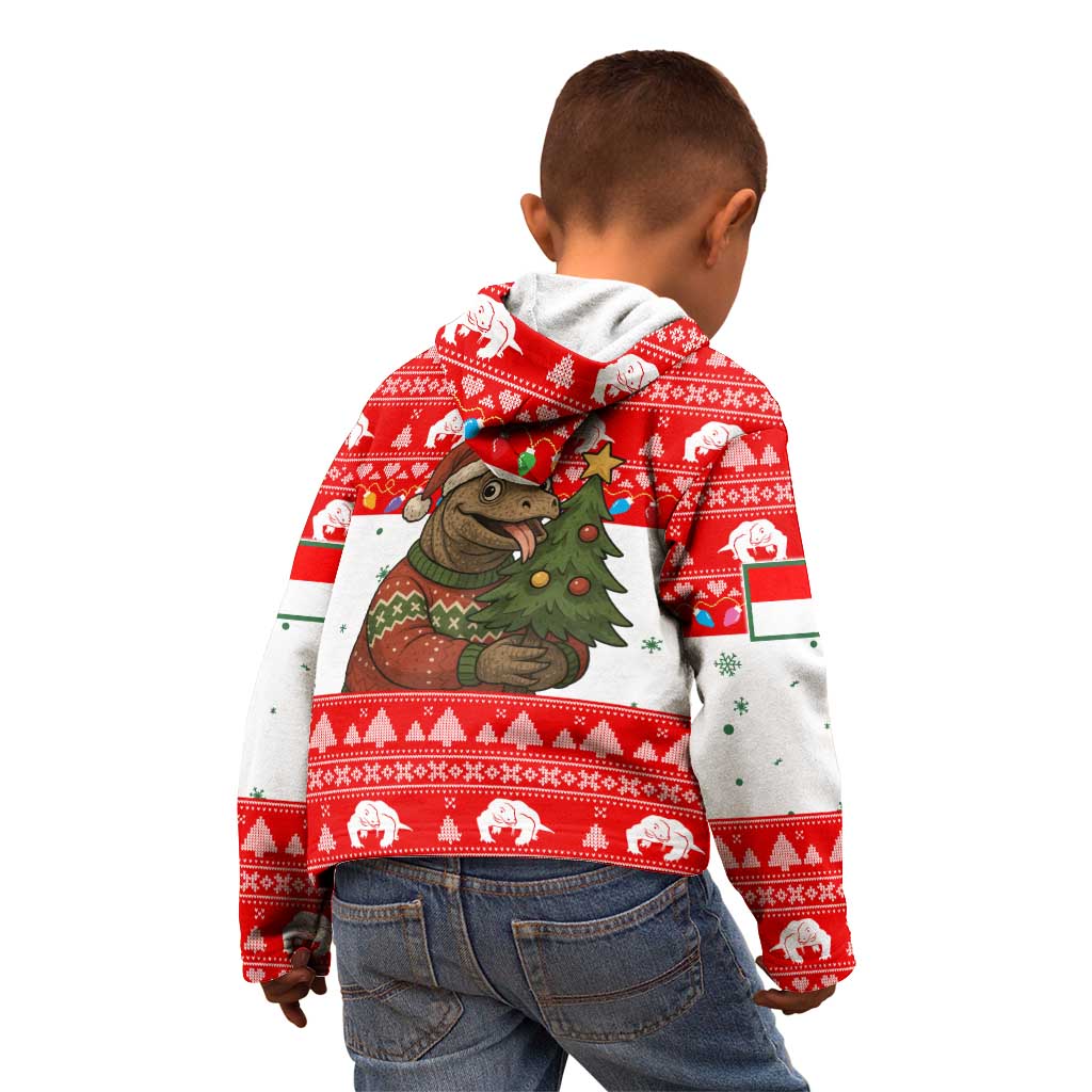 Indonesia Christmas Kid Hoodie with Komodo Dragon Santa Hat Christmas Tree and Red White Holiday - Wonder Print Shop