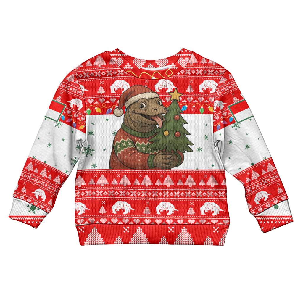 Indonesia Christmas Kid Ugly Christmas Sweater with Komodo Dragon Santa Hat Christmas Tree and Red White Holiday - Wonder Print Shop