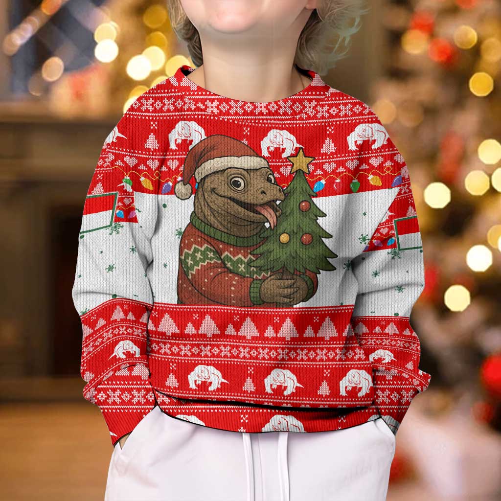 Indonesia Christmas Kid Ugly Christmas Sweater with Komodo Dragon Santa Hat Christmas Tree and Red White Holiday - Wonder Print Shop