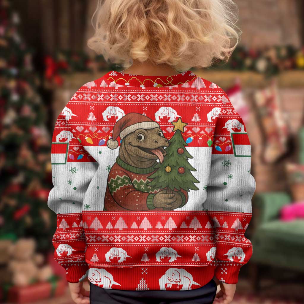 Indonesia Christmas Kid Ugly Christmas Sweater with Komodo Dragon Santa Hat Christmas Tree and Red White Holiday - Wonder Print Shop