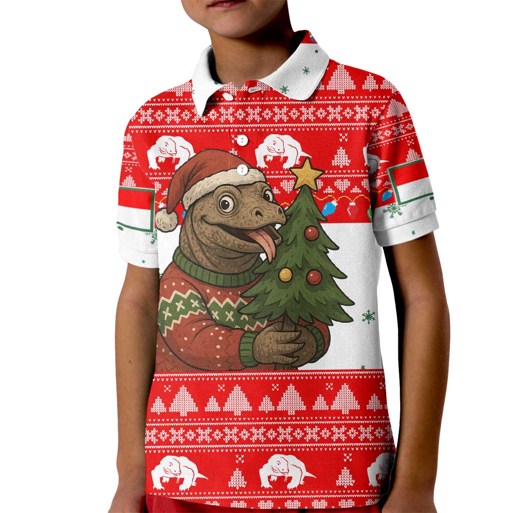 Indonesia Christmas Kid Polo Shirt with Komodo Dragon Santa Hat Christmas Tree and Red White Holiday - Wonder Print Shop