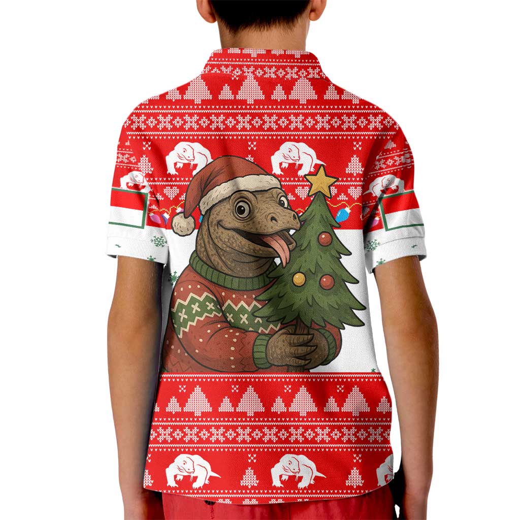 Indonesia Christmas Kid Polo Shirt with Komodo Dragon Santa Hat Christmas Tree and Red White Holiday - Wonder Print Shop