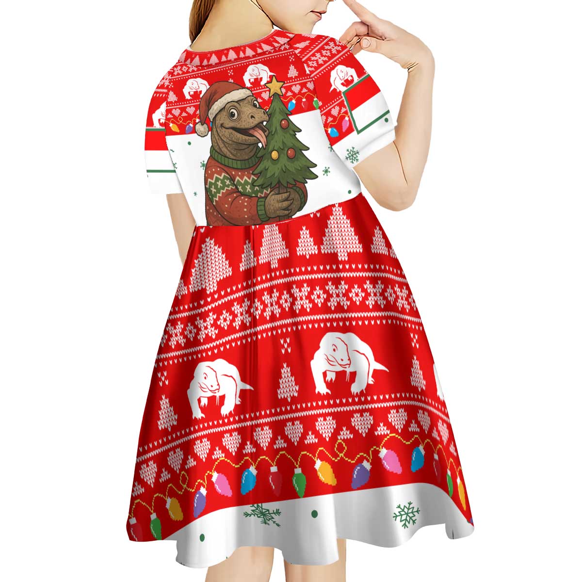 Indonesia Christmas Kid Short Sleeve Dress with Komodo Dragon Santa Hat Christmas Tree and Red White Holiday - Wonder Print Shop