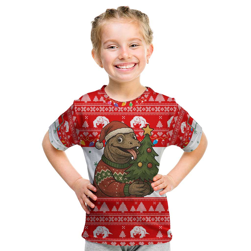 Indonesia Christmas Kid T Shirt with Komodo Dragon Santa Hat Christmas Tree and Red White Holiday - Wonder Print Shop