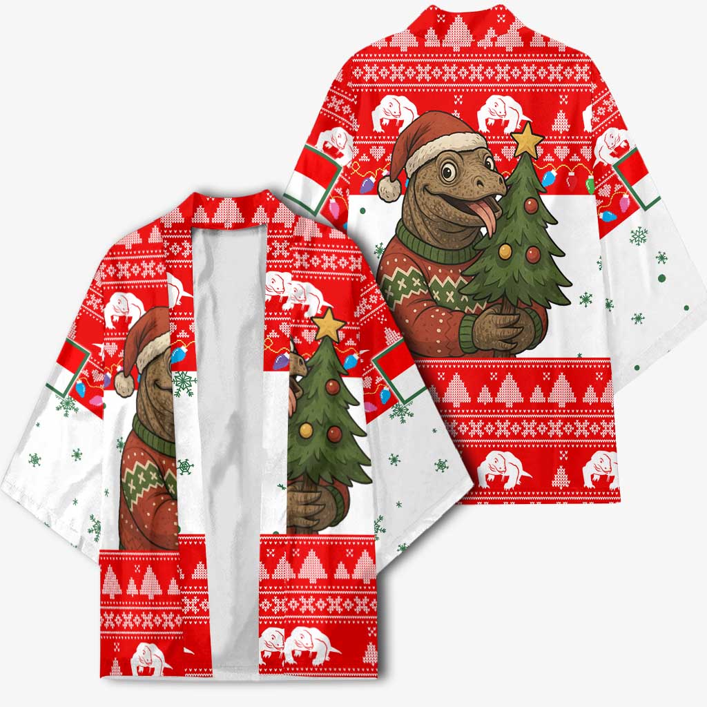 Indonesia Christmas Kimono with Komodo Dragon Santa Hat Christmas Tree and Red White Holiday - Wonder Print Shop